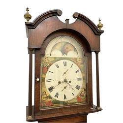 Ralph Weston (III) of Wolsingham (Co Durham)  -  Mahogany cased 30-hour Longcase clock, broken arch pediment with brass paterie and two ball and spire finials, break arch hood door flanked by reeded pilasters with brass capitals, trunk with canted corners and long flat topped door, rectangular plinth raised on bracket feet, painted dial with depictions of the four seasons to the spandrels and a working moon disc to the arch, with Roman numerals, dummy winding arbors, dummy seconds dial, calendar dial and steel hands, Dial pinned directly to a countwheel striking chain driven movement, with weight and pendulum.  
The Weston family of County Durham clockmakers were highly prolific family of North-Eastern clockmakers during the 18th and 19th century, Well known for producing many Thirty-Hour clocks with 