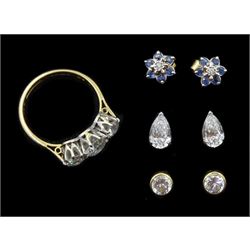 Gold three stone cubic zirconia ring, two pairs of gold cubic zirconia stud earrings and a pair of gold sapphire and diamond earrings, all 9ct