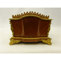  Late 19th/ early 20th century French kingwood jardiniere of shaped rectangular form with foliate gilt metal mounts, pierced gallery above two oval porcelain panels hand painted with floral sprays in the Sevres style on four scroll feet with removable tin liner, L36cm x H19cm x D24cm. Provenance Property of Bob Heath, Brandesburton Formerly of Ravenfield Hall Farm near Rotherham  