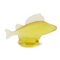 Lalique Perche car mascot in yellow colourway, signed to base, H11cm