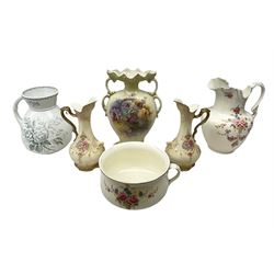 Fieldings Crown Devon Windsor pattern wash jug and bowl, together with two blush ivory ewers and other Victorian ceramics to include twin handled vase of flattened form and jug, tallest H36cm