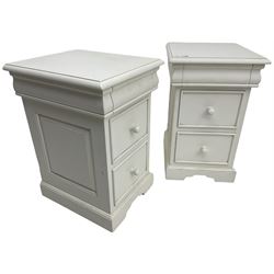  Pair of white painted bedside chests, fitted with secret top drawer, above two short drawers, on bracket feet