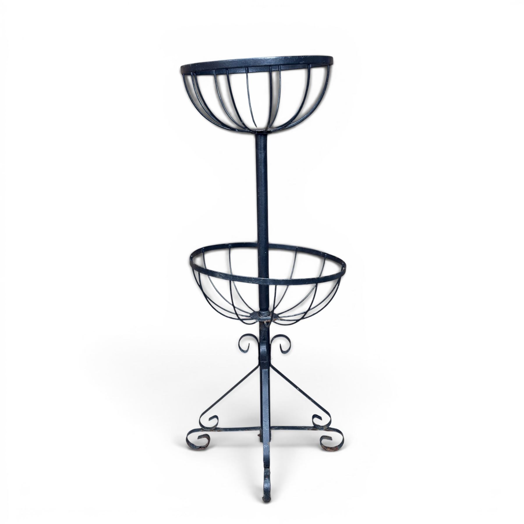 Pair of two tiered flower baskets, two hay racks, hanging basket, two boxes of plant pots and a square stone planter