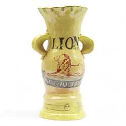 Hylton Nel (1941-) Studio pottery twin handled vase, 1997, the yellow ground decorated with Colman's English Mustard and Lions Matches, with stylised snake to the stepped base, with makers mark to the base HN.25 8.97, H36cm