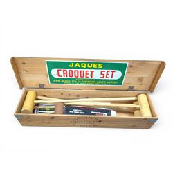Jaques croquet set, with four mallets, stakes and balls in wooden carry case