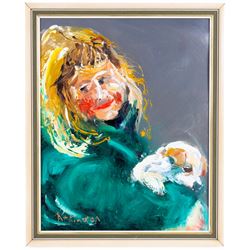 Sue Atkinson (British 1949-): Portrait of a Girl and Dog, oil on board signed 50cm x 39cm 
