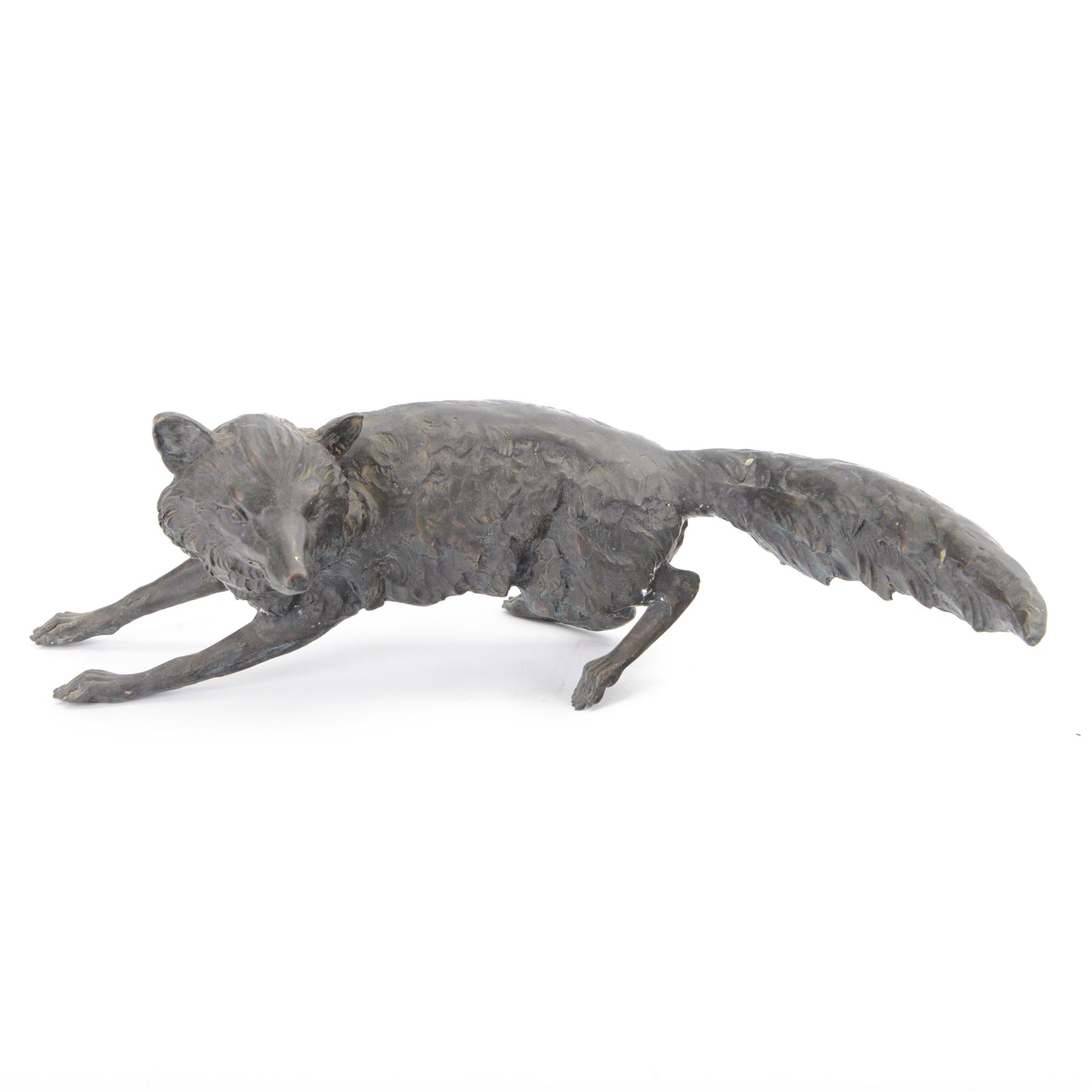 Spelter figure of a crouching fox, H24cm, L70cm 