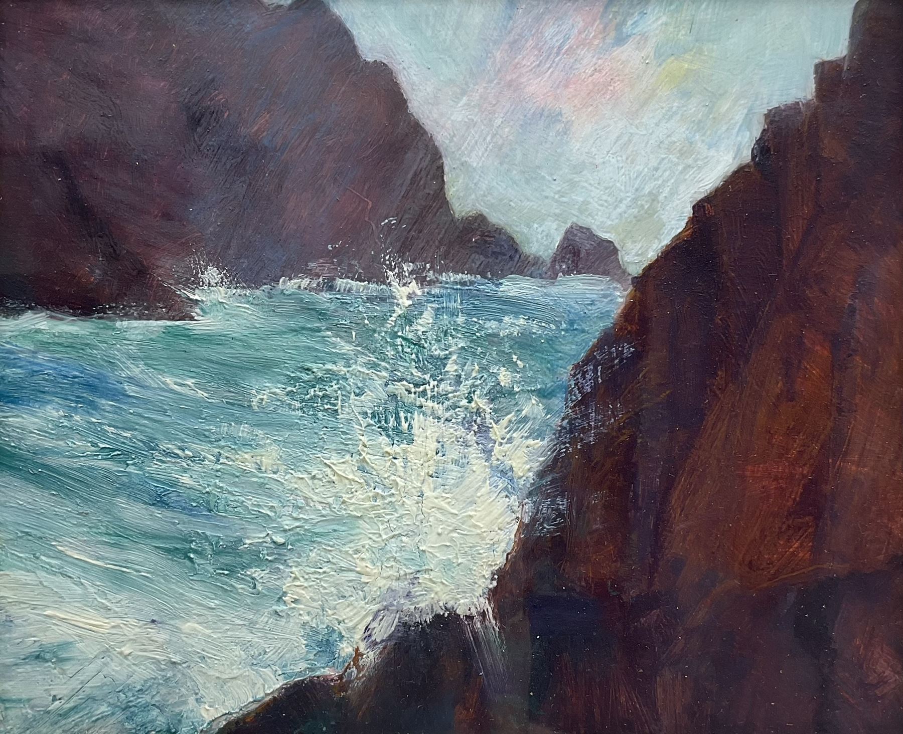 Simon Rivett (Northern British Contemporary): 'Slash Dalbeg' Isle of Lewis Scotland, oil on board, signed dated '04 verso with artist's studio title label 19cm x 23cm
Notes: Simon Rivett trained at Goldsmiths College in London and gained a BA (Hons) in Fine Art. He has been painting landscape from his days as a student, painting the declining industrial landscape of his home in Newcastle, living and working in Lewis and exploring the unique rural landscape of the Outer Hebrides, before moving recently to live in Edinburgh.