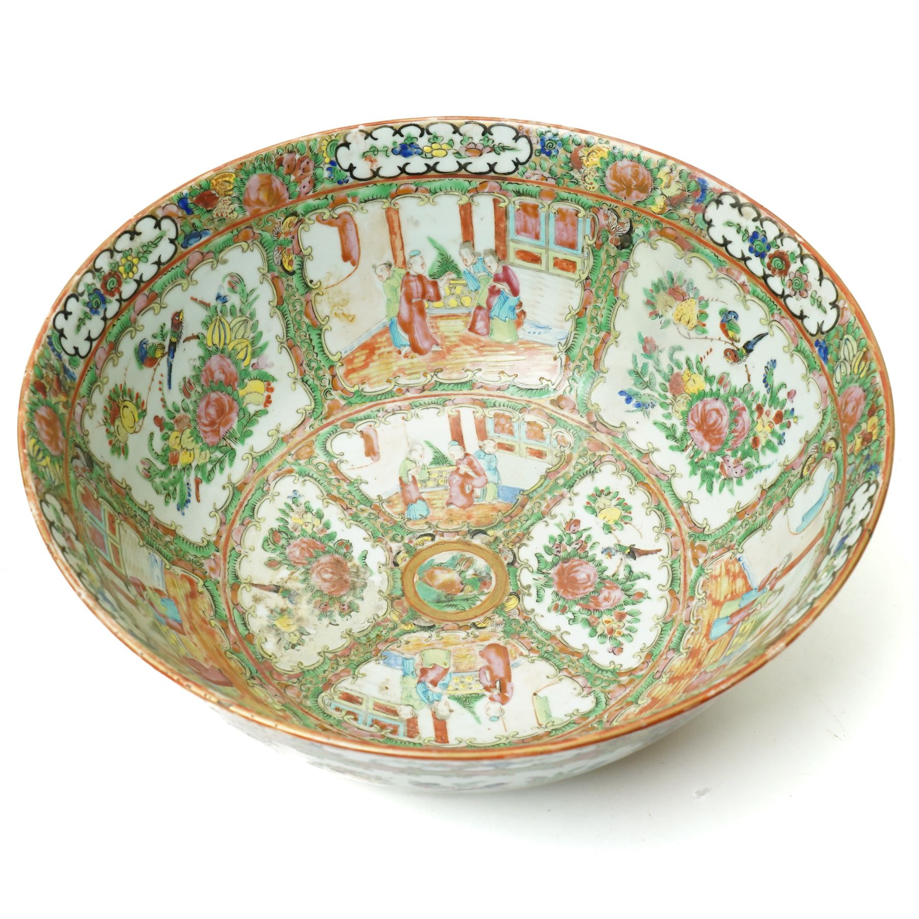 19th century Chinese Canton bowl decorated with panels of figures and flowers in famille rose enamels D34cm