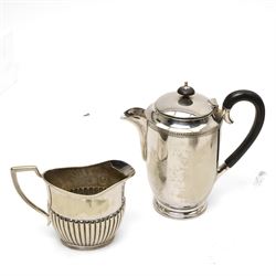 Silver plated items including chafing dish with revolving cover, circular salver, small hip flask, snuffing scissors, milk jug, sugar bowl etc