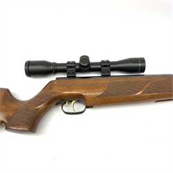 Weirauch HW97K .22 air rifle with under lever action, chequered pistol grip and fore-end, fitted integral moderator and Hawke Sport HD 4x32 scope L102cm overall; in camo style gun slip case with quantity of targets and metal target holder