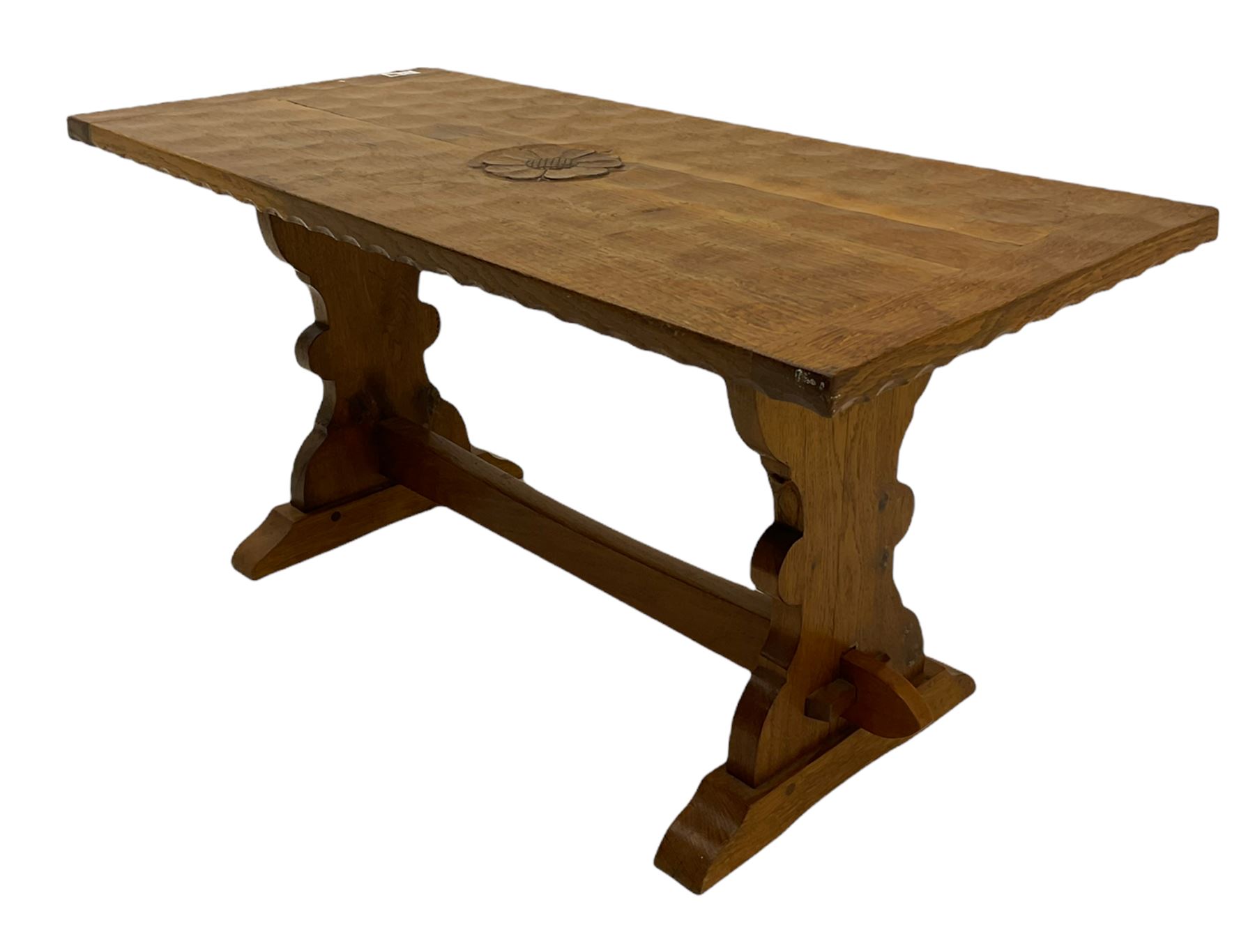'Woodpeckerman' - Yorkshire oak rectangular coffee table by Stan Dodds, carved central rose, stretcher base, carved Woodpecker motif to the leg 