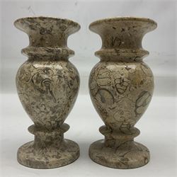 Pair of vases, of baluster form upon a stepped foot, with shell inclusions within the limestone, H15cm  