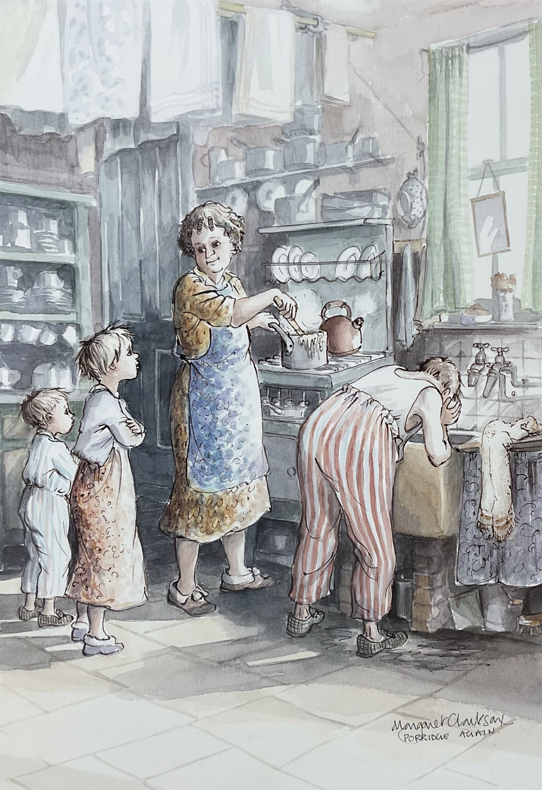 After Margaret Clarkson (British 1941-): 'Wash With Mother' 'Porridge Again' and 'Shoe Shine Boy', three limited edition colour prints signed and numbered together with two more framed prints after the artist each comprising of five limited edition signed colour prints max 28cm x 38cm (5)