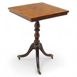 Early 20th century walnut chess table, square checkered veneered top with crossbanded edge...