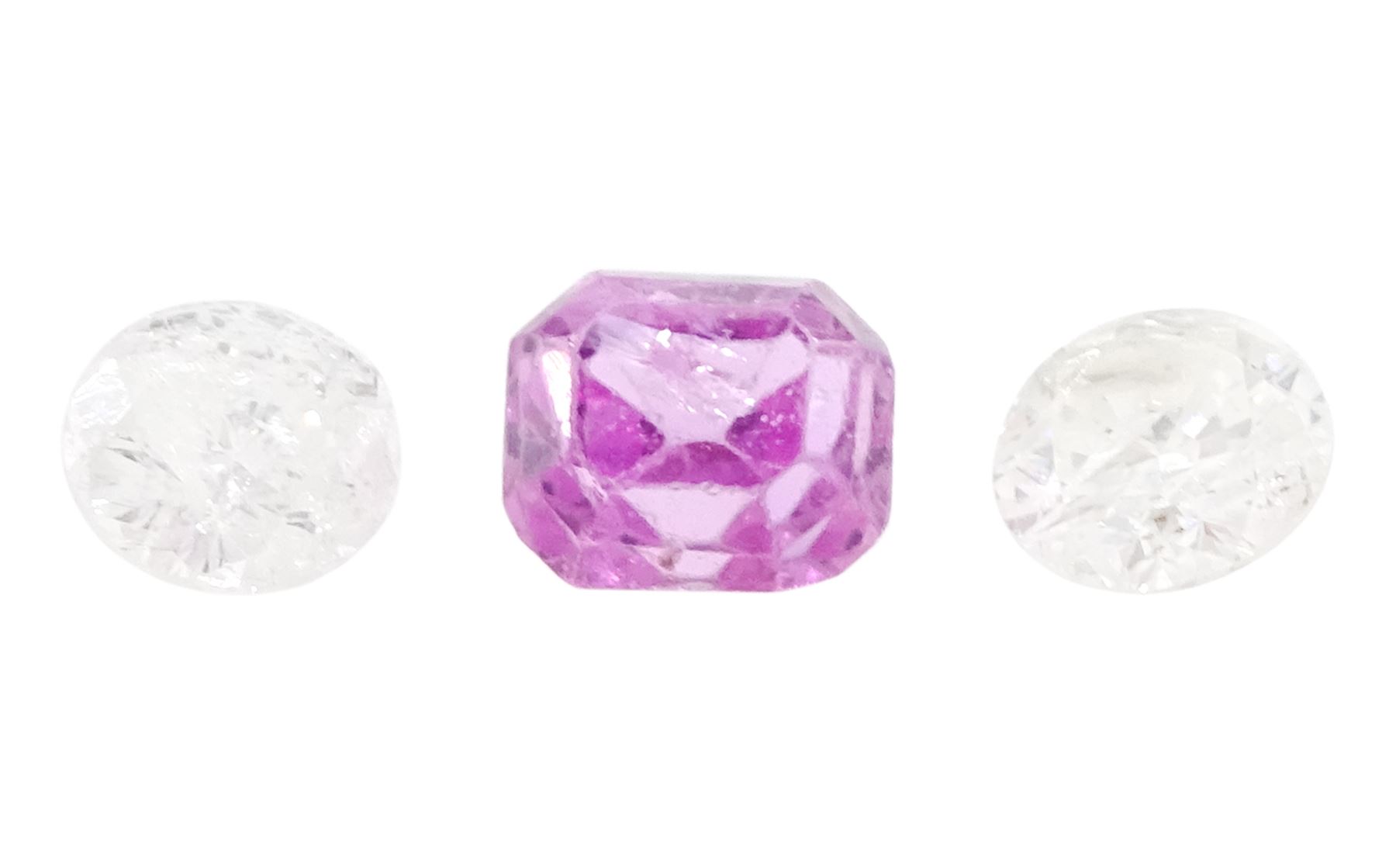 Loose octagonal cut pink sapphire stone of 0.44 carat, with World Gemological Institute report and two loose round brilliant cut diamonds of approx 0.35 carat total weight