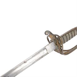 British Victorian 1845 Pattern Infantry Officer's Sword, by Henry Wilkinson, the 81cm blade by Henry Wilkinson, etched with the crowned VR cypher amidst scrolling foliage,folding sideguard, wire bound fishskin covered grip, within brass scabbard, twin suspension rings, overall L100cm
