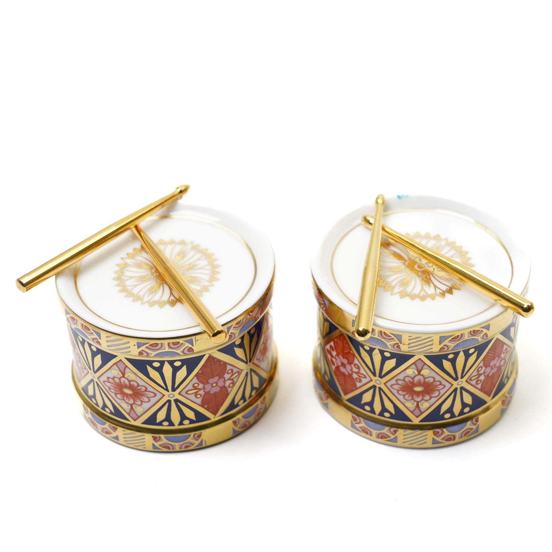 Pair of Royal Crown Derby Old Imari Viola vases, pattern 1128, boxed, H8cm; together with a pair of miniature toy drums, boxed (4)
