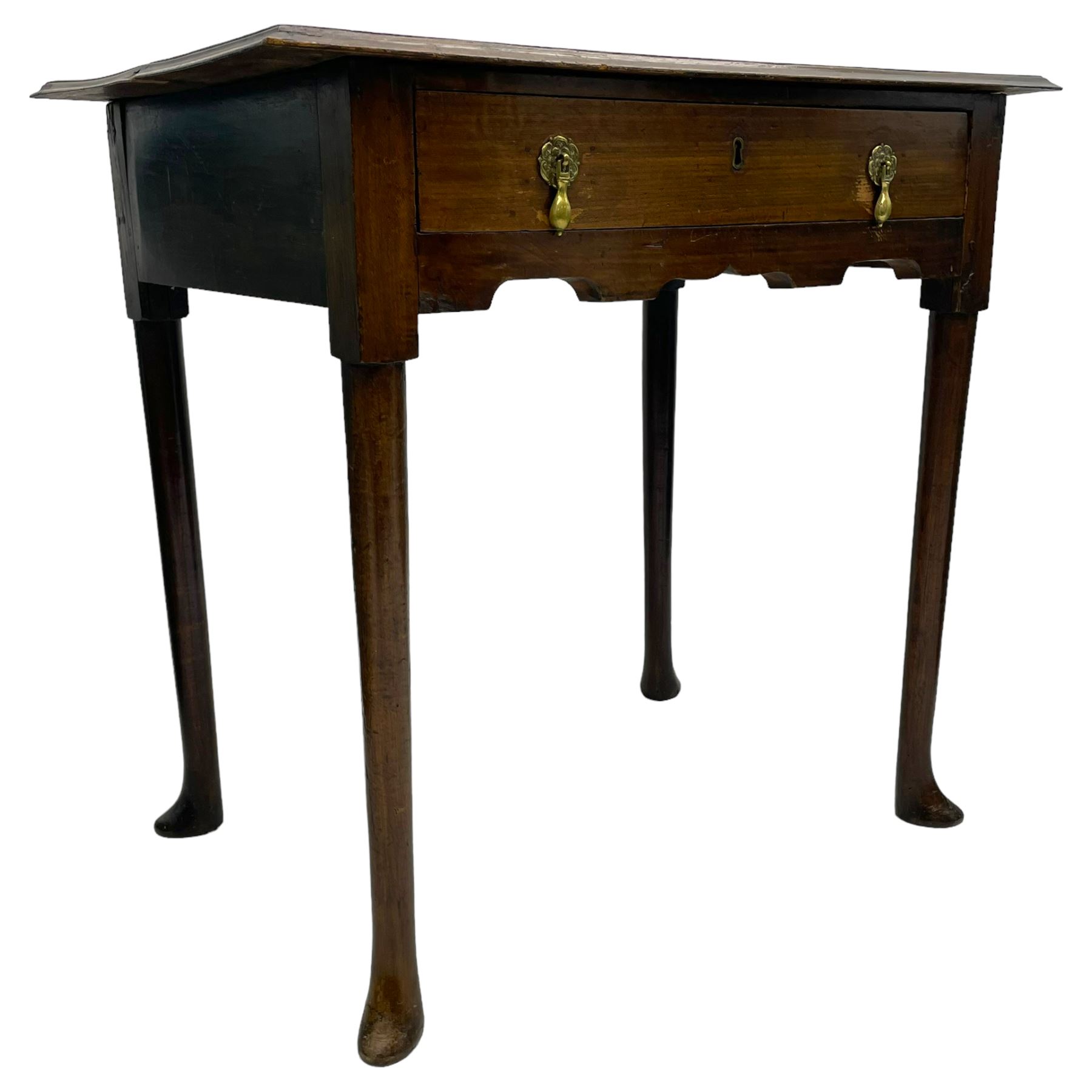 George III oak and elm low-boy, rectangular top with moulded edge, fitted with single drawer cast brass drop handles, shaped apron over cabriole supports terminating in pointed feet