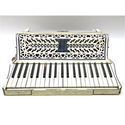 Italian Lambardi piano accordion in ivory coloured pearline case with jewelled decoration, twenty keys and one-hundred and twenty buttons L 37cm