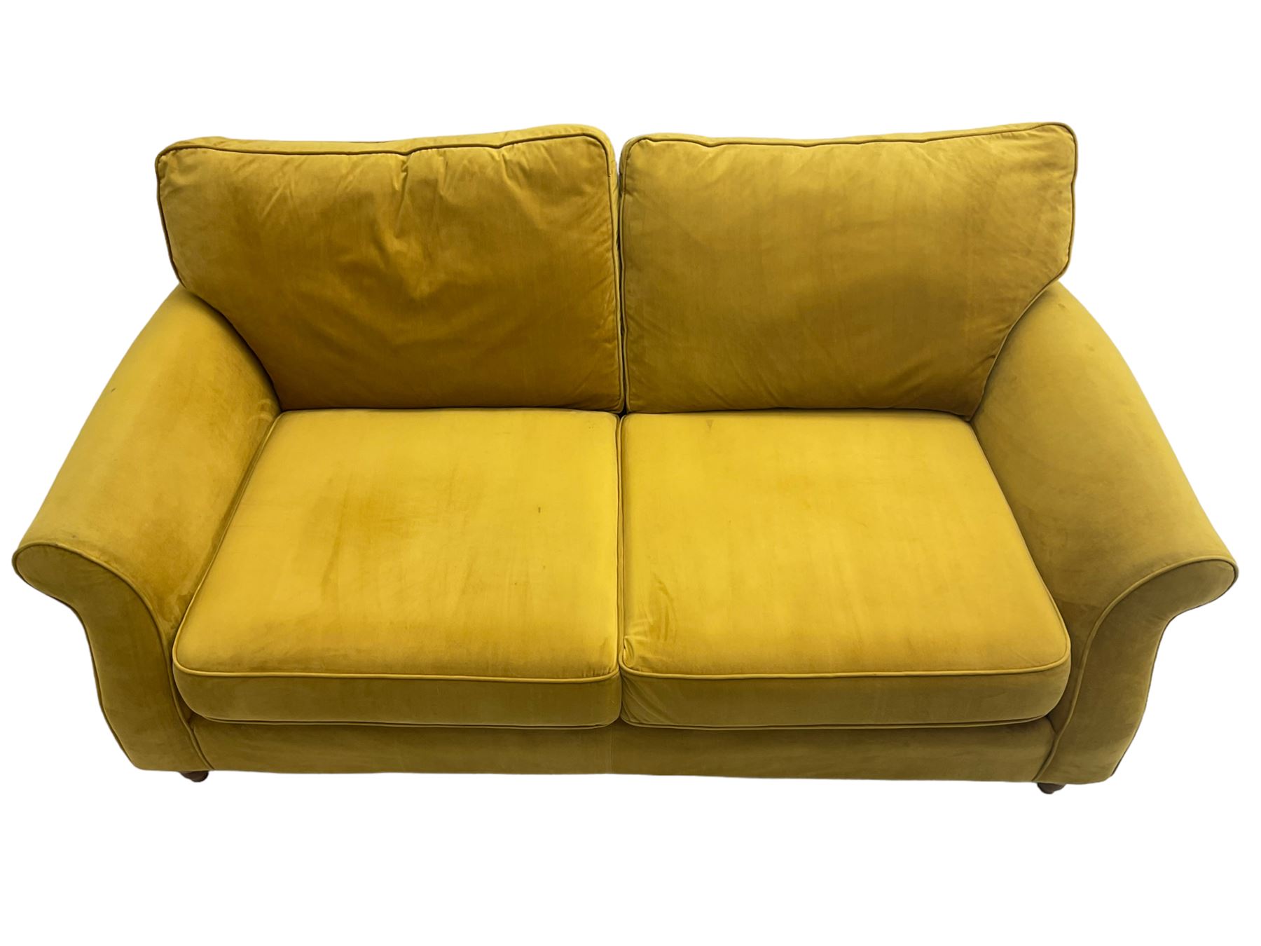 Next Furniture - traditional shaped three-seat sofa, upholstered in mustard velvet, rolled arms with pipping, on turned front feet