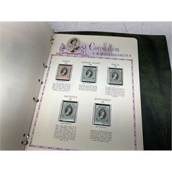 Stamps and reference materials, including various Queen Elizabeth II marginal blocks, 1953 Coronation stamps, Royal Silver Wedding commemoratives, commemorative postcards etc