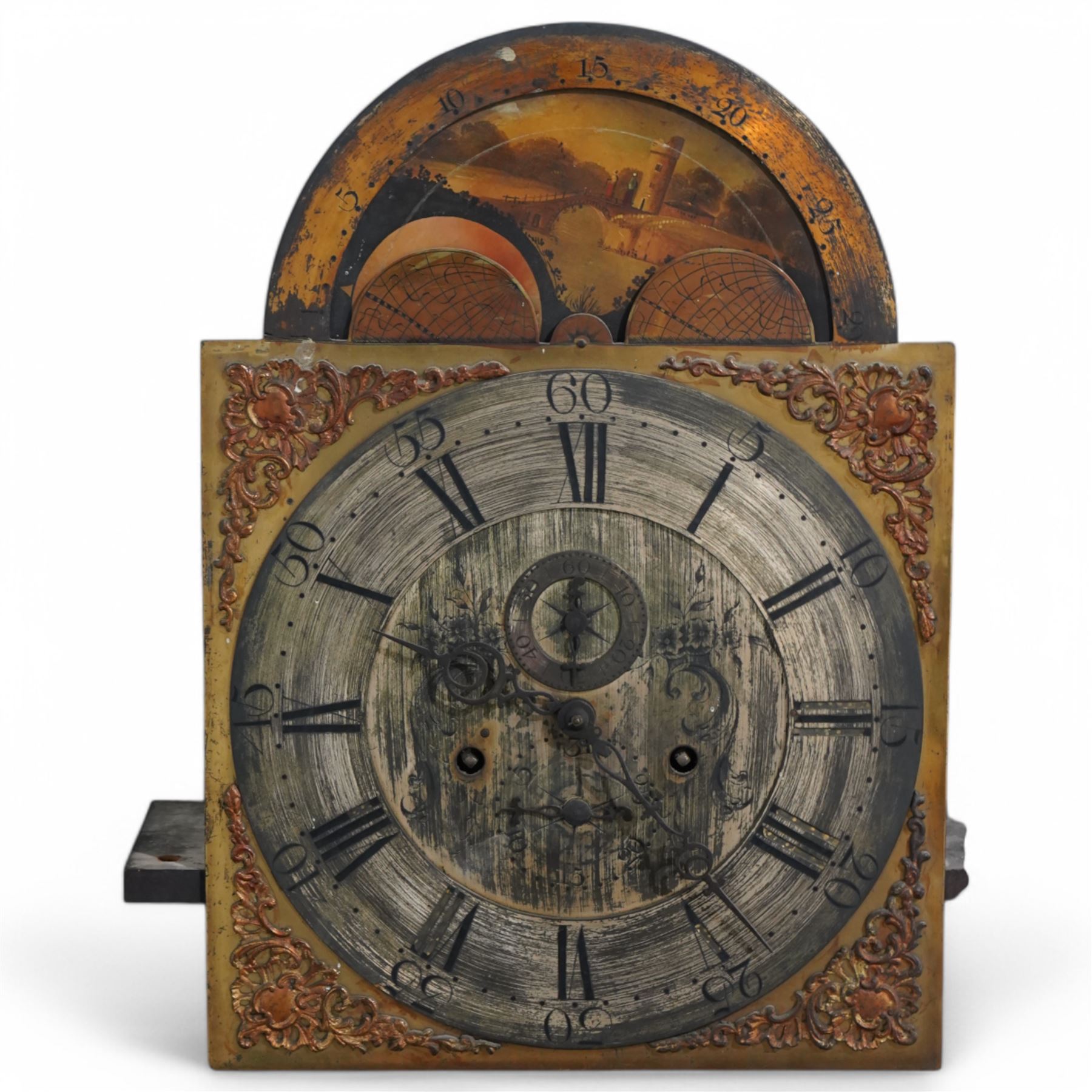 Late 18th century oak and mahogany 8-day longcase clock with a swans neck pediment and brass moon roller dial. With pendulum & weights. Movement, dial and case in need of restoration.