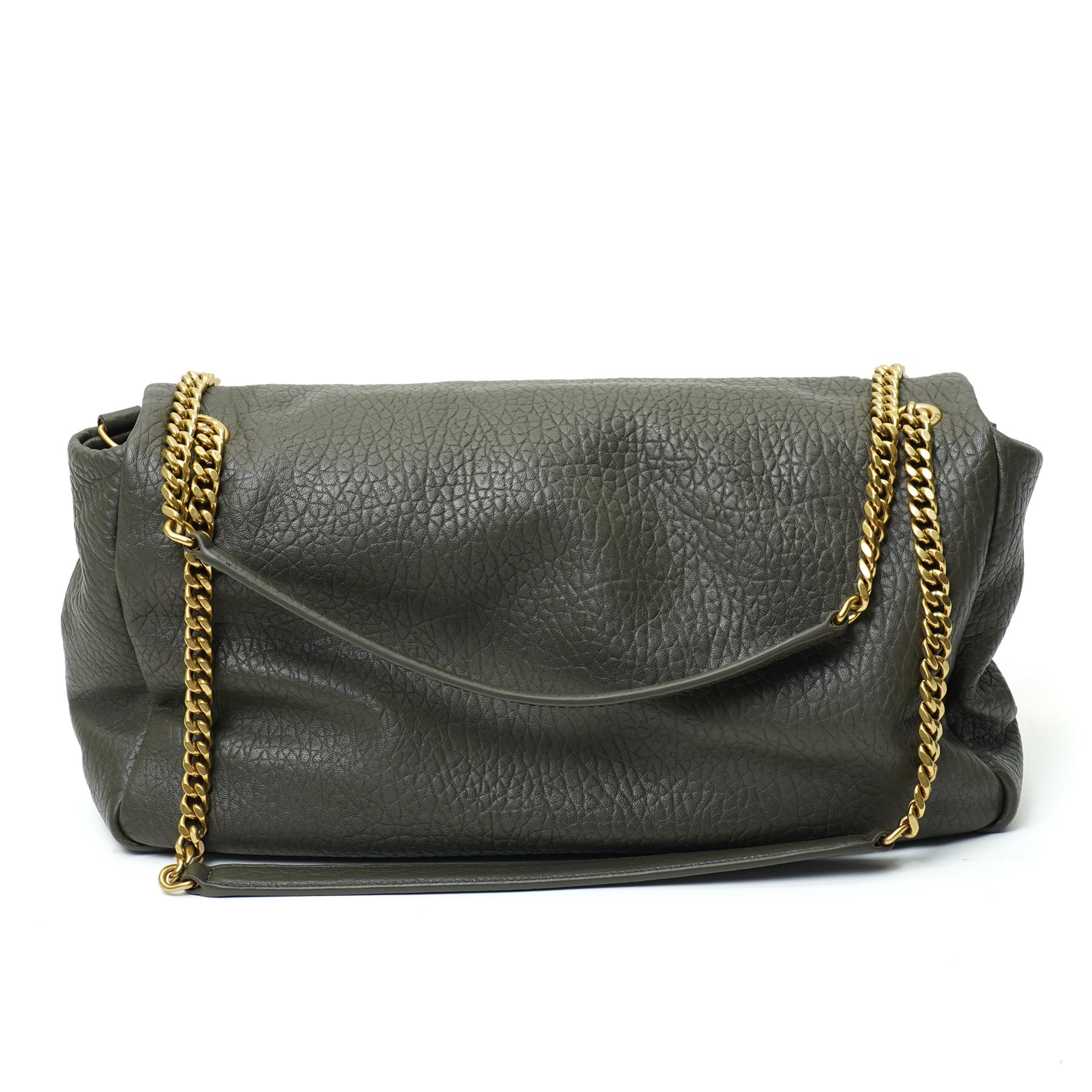 Yves Saint Laurent Calypso large shoulder bag, grey grained leather with envelope flap and gold-tone Cassandre monogram, sliding chain and leather shoulder strap, magnetic fastening, interior lined in black textile with zip pocket and leather brand tab stamped Saint Laurent Paris, made in Italy, together with original Saint Laurent dust bag, W37cm D10cm H22cm