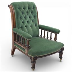 19th century mahogany framed armchair, scroll back with spindle sides, upholstered in butt...