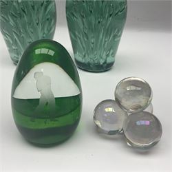 Pair of Victorian green glass dump paperweights with air bubble inclusions, together with Caithness paperweight and three other paperweights, dump H15cm