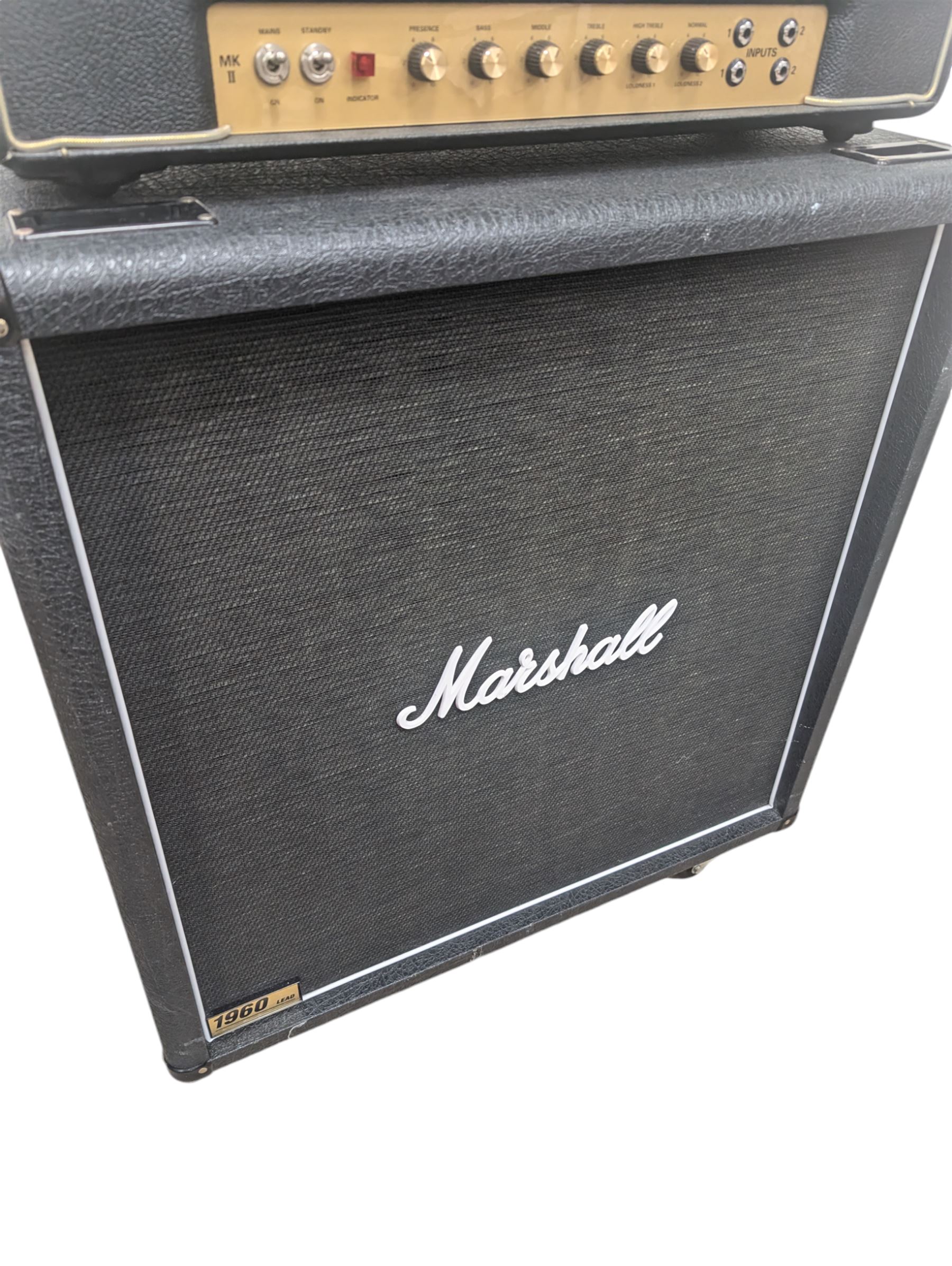 Marshall 1987X 50 watt plexi guitar amplifier head with master volume modification (screwdriver control on back), together with a Marshall 1960 4 x 12 speaker cabinet on casters, head H25cm, W65cm, cab H83cm, W76cm