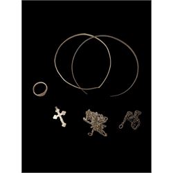 9ct gold heart signet ring, two 9ct gold chains, two 8ct gold bangles and an 8ct gold bracelet, stamped 333