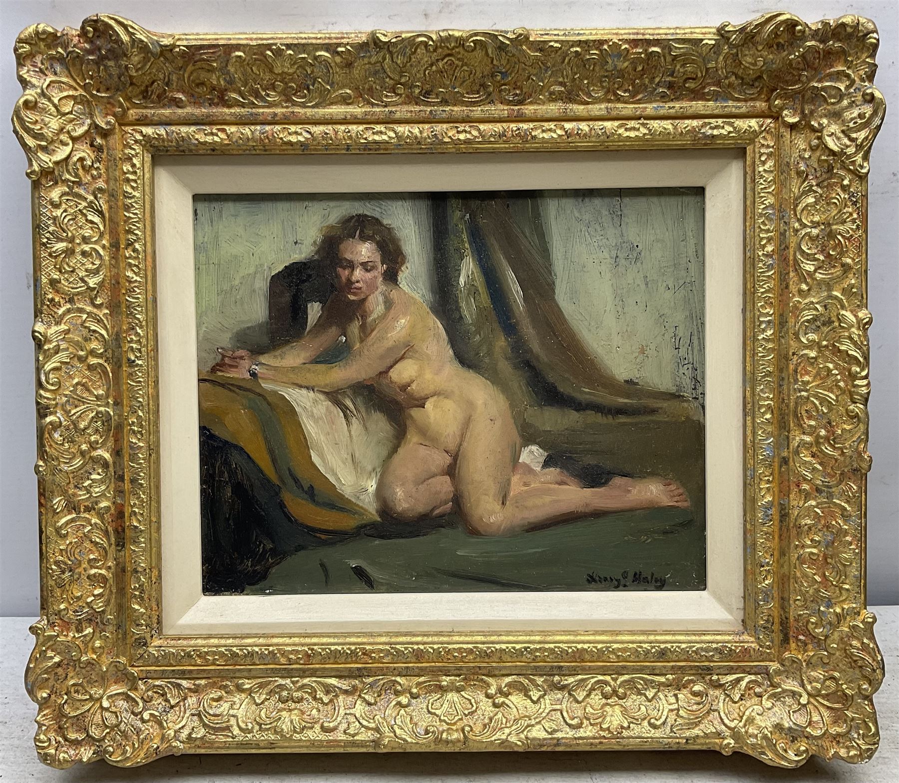Henry James Haley (British 1874-1964): Reclining Nude, oil on panel signed 20cm x 25cm