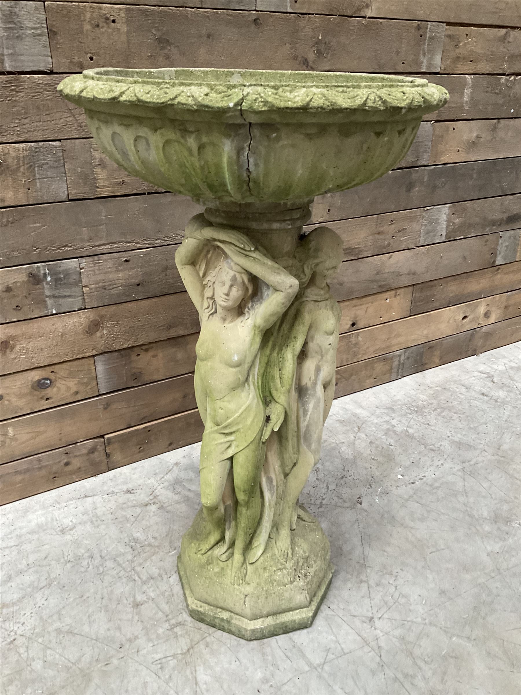 Cast stone bird bath, pedestal in the form of 'The Three Graces'