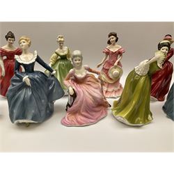 A group of eight Royal Doulton figures, comprising Simone HN2378, Amy HN3854, Fragrance HN2334, Louise HN3207, Adrienne H2304, Michele HN2234, Fine Lady HN2193, Winsome HN2220 and a Coalport figure, Polly. 