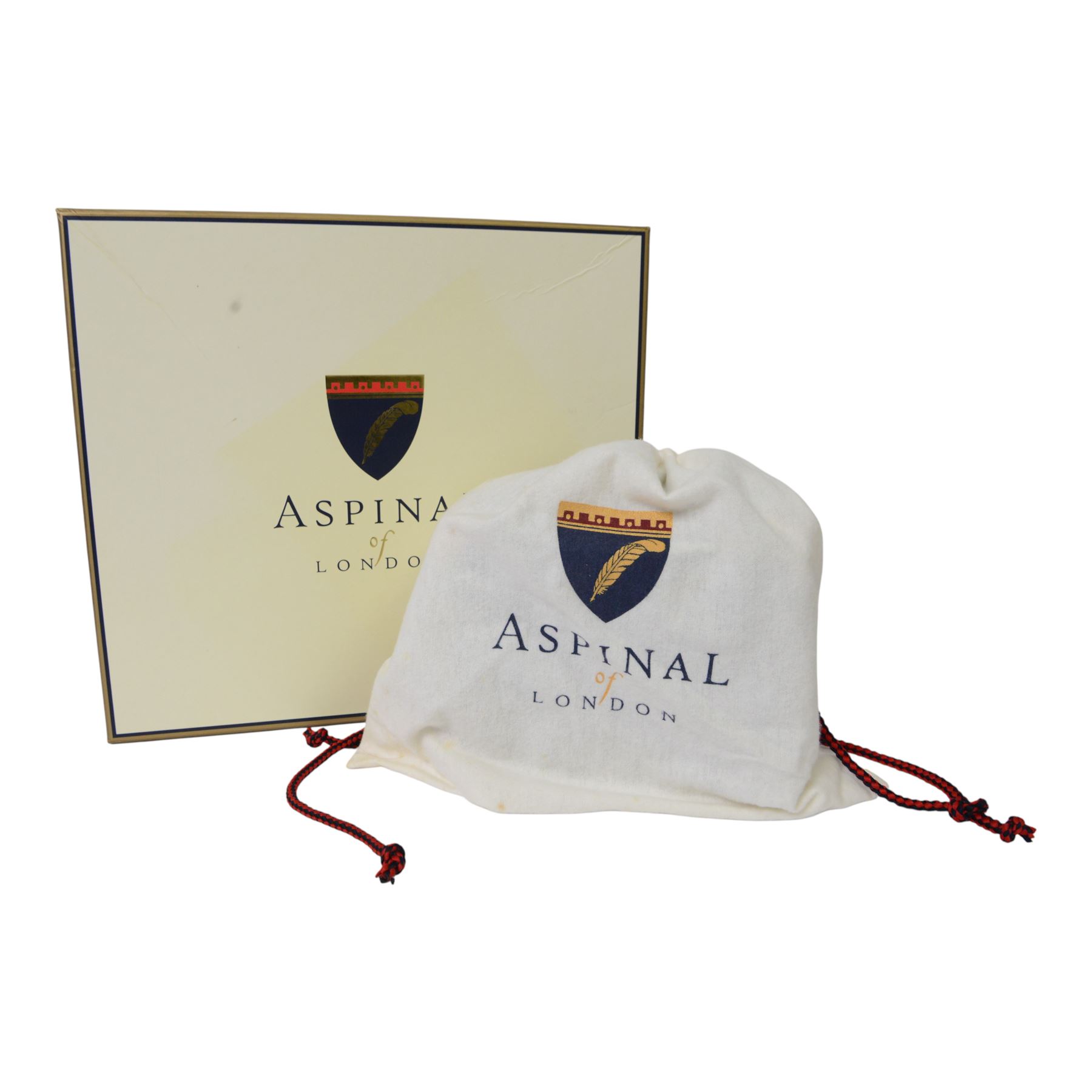 Aspinal of London black leather structured top-handle handbag with gold-tone metal mounts and corner protectors, the hinged lid opening to a fabric-lined interior fitted with a zip pocket and slip compartment, leather brand label stamped Aspinal of London England, fitted with a detachable adjustable leather shoulder strap, accompanied by an Aspinal of London dust bag and presentation box, W19cm D8cm H16cm