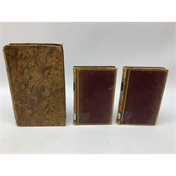Swinburne Henry: Travels Through Spain in the years 1775 and 1776. 1787 London. Two volumes. Folding plates. Full calf binding; Helme Elizabeth: Cortez; or the Conquest of Mexico. 1811 London. New Edition. Folding map. Full tree calf; and Les Vacances en Suisse. Journal ... Par St. Germain Leduc. 1837 Paris. Two volumes. Full leather binding (5)