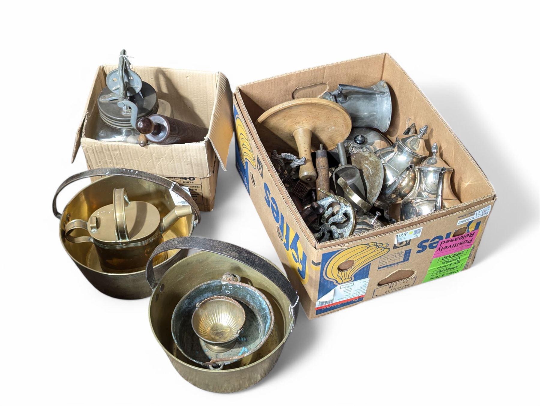 Collection of sliver plate and brass items including buckets and a kettle, butter churner and other kitchen wares etc