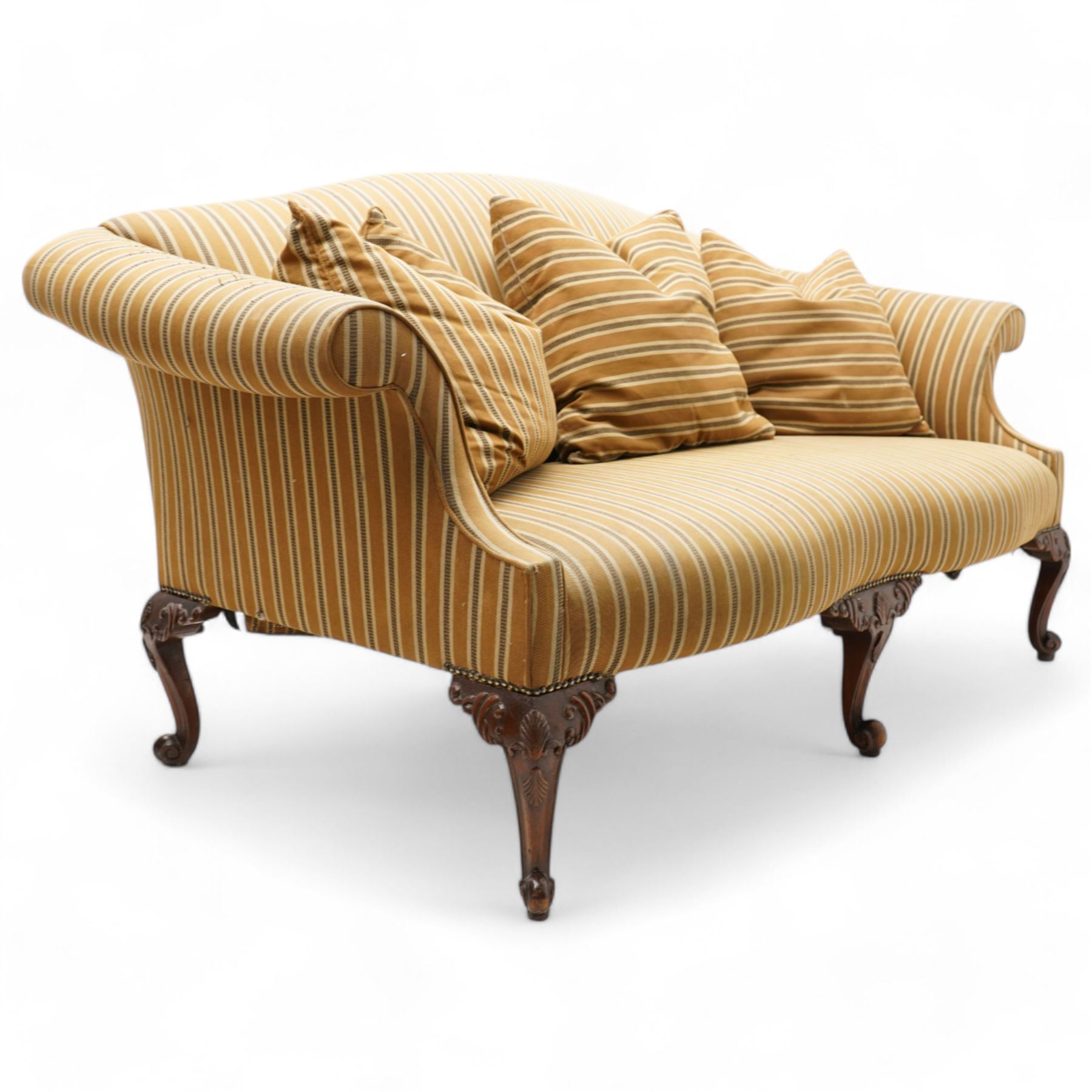 Chippendale design hardwood-framed settee, arched back over rolled arms and serpentine seat, upholstered in striped fabric, on shell and foliate carved cabriole supports with scrolled terminals, together with matching scatter cushions 