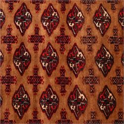 Afghan Bokhara dark amber and terracotta ground rug, decorated with Hac and Gul motifs  within multiple geometric guard bands