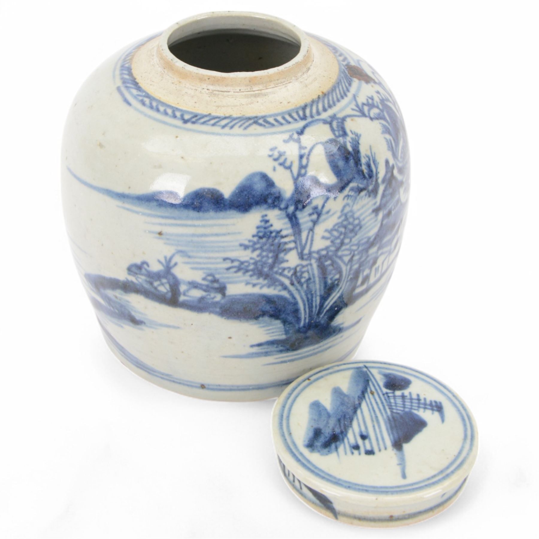 19th century Chinese blue and white ginger jar and cover, decorated with a pagoda in a landscape, H22cm 