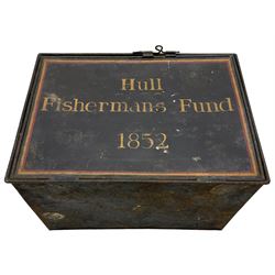 19th century metal and copper lined fish box, painted and inscribed 'Hull Fisherman's Fund 1852'