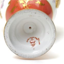 Early 20th century Royal Crown Derby vase and cover, of slender form, the pompadour pink ground with gilt decoration, painted centrally with a tree, printed marks to base, H25cm 