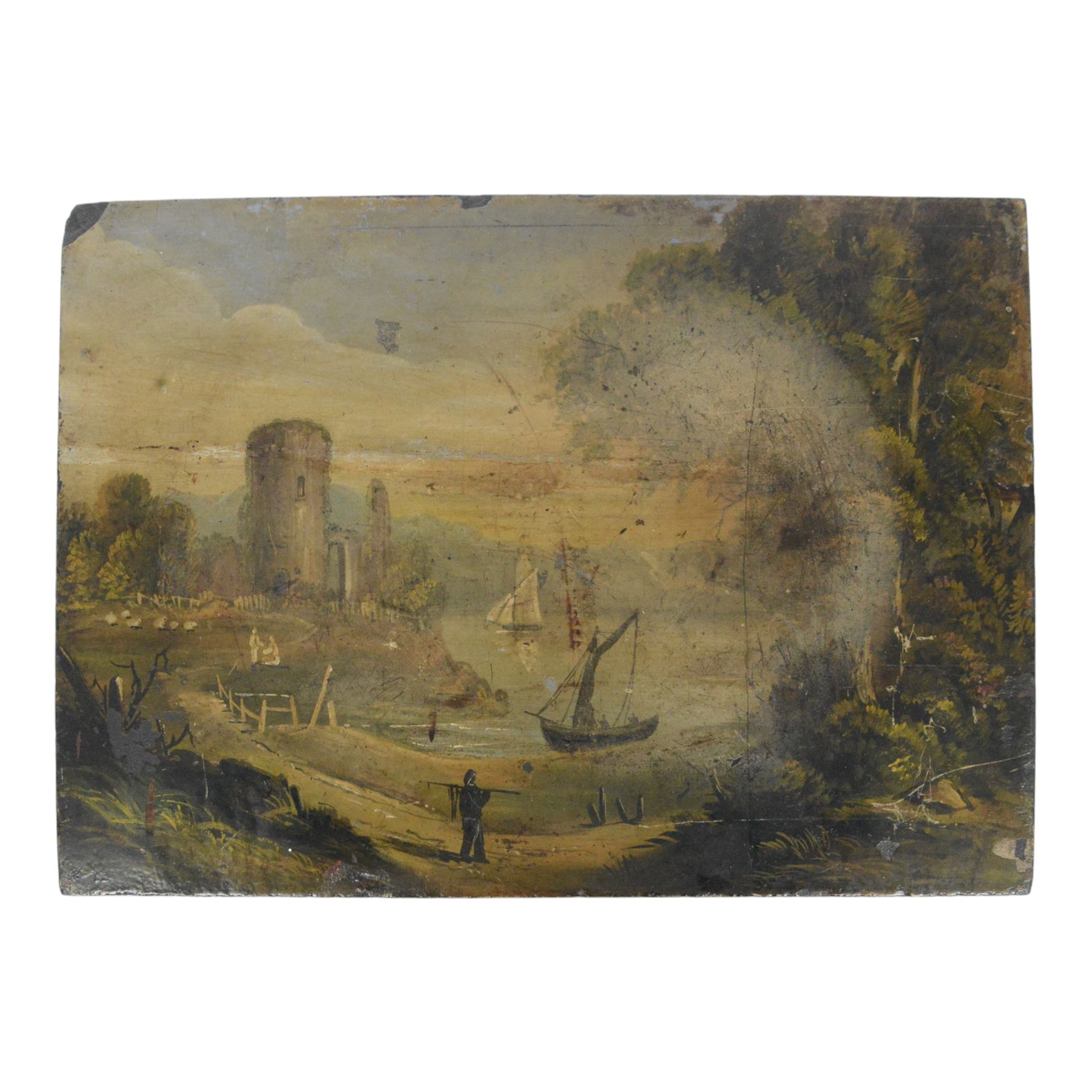 Italian School (late 19th century): Italianate landscape with boats and figures, oil on slate, 27cm x 37cm
