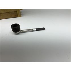 Pipes and two tiered wooden rack together with eleven pipers, including briar pipe carved as a wolf, Sea Dog straight pipe, John Brumfit pipe, meerschaum pipe ect, pipe rack H29.5cm