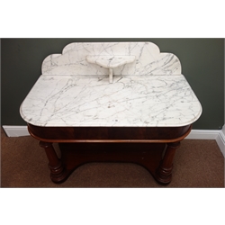  Victorian mahogany washstand, moulded white and black veined marble top, single frieze drawer, turned supports (W108cm, H95cm, D55cm), and a classical style marble table lamp with shade  
