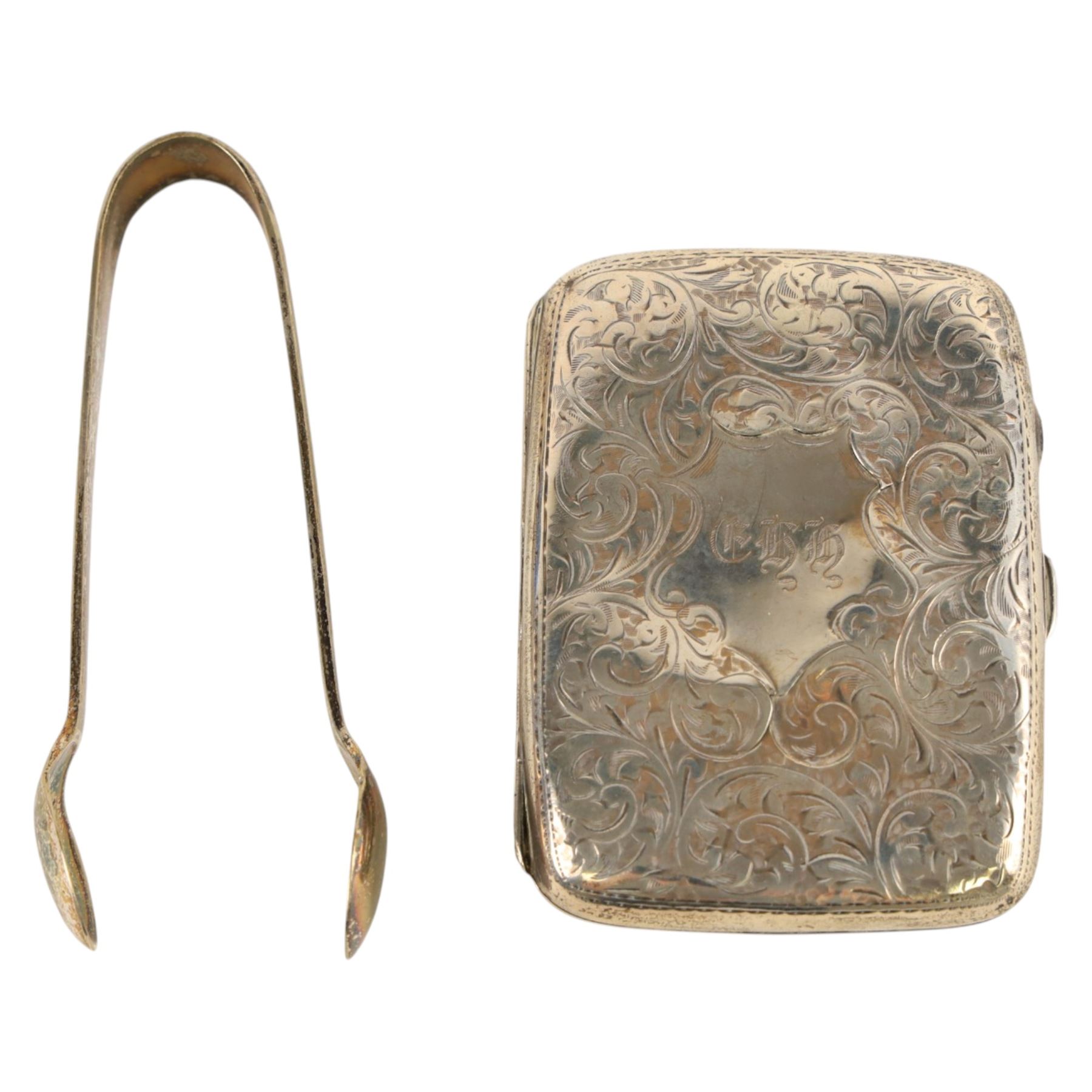 Early 20th century silver mounted combination pin cushion and box, silver cigarette case and a pair of sugar tongs with indistinct mark