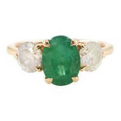 18ct rose gold three stone emerald and diamond ring, single oval cut emerald of approx 1.80 carat, with a round brilliant cut diamond set either side, hallmarked, total diamond weight approx 1.20 carat