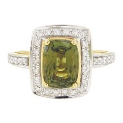18ct gold alexandrite and diamond cluster ring by Lorique, single cushion cut alexandrite ...