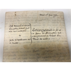  18th century manuscript deed on vellum being a five page conveyance of a farm at Rillington, with multiple wax seals, and another dated 1713 relating to the assignment of the Queens Lease on land at Middleton  